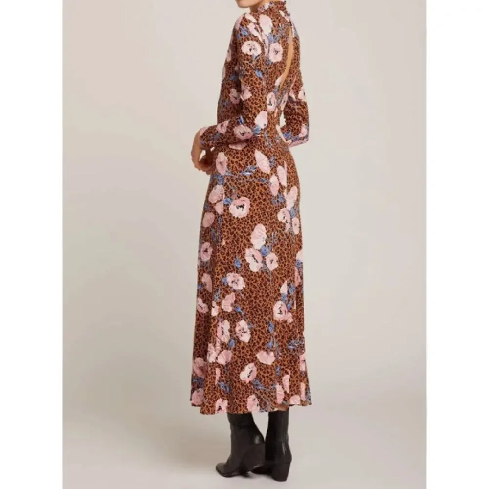 Free People Retro Romance Molly Dress Small Mock Neck Leopard Floral Maxi NWT‎